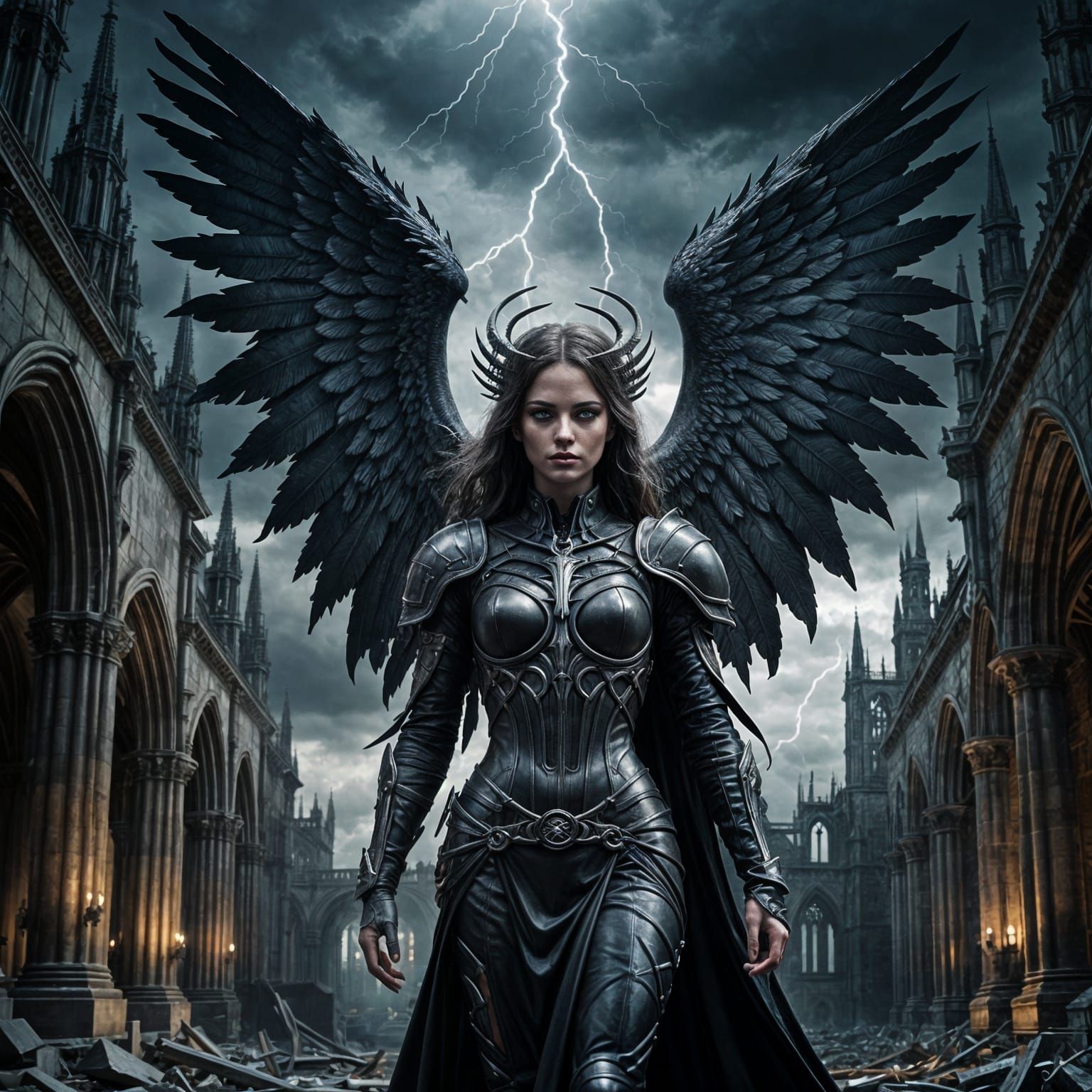 Dark Angel in Gothic Cathedral Ruins