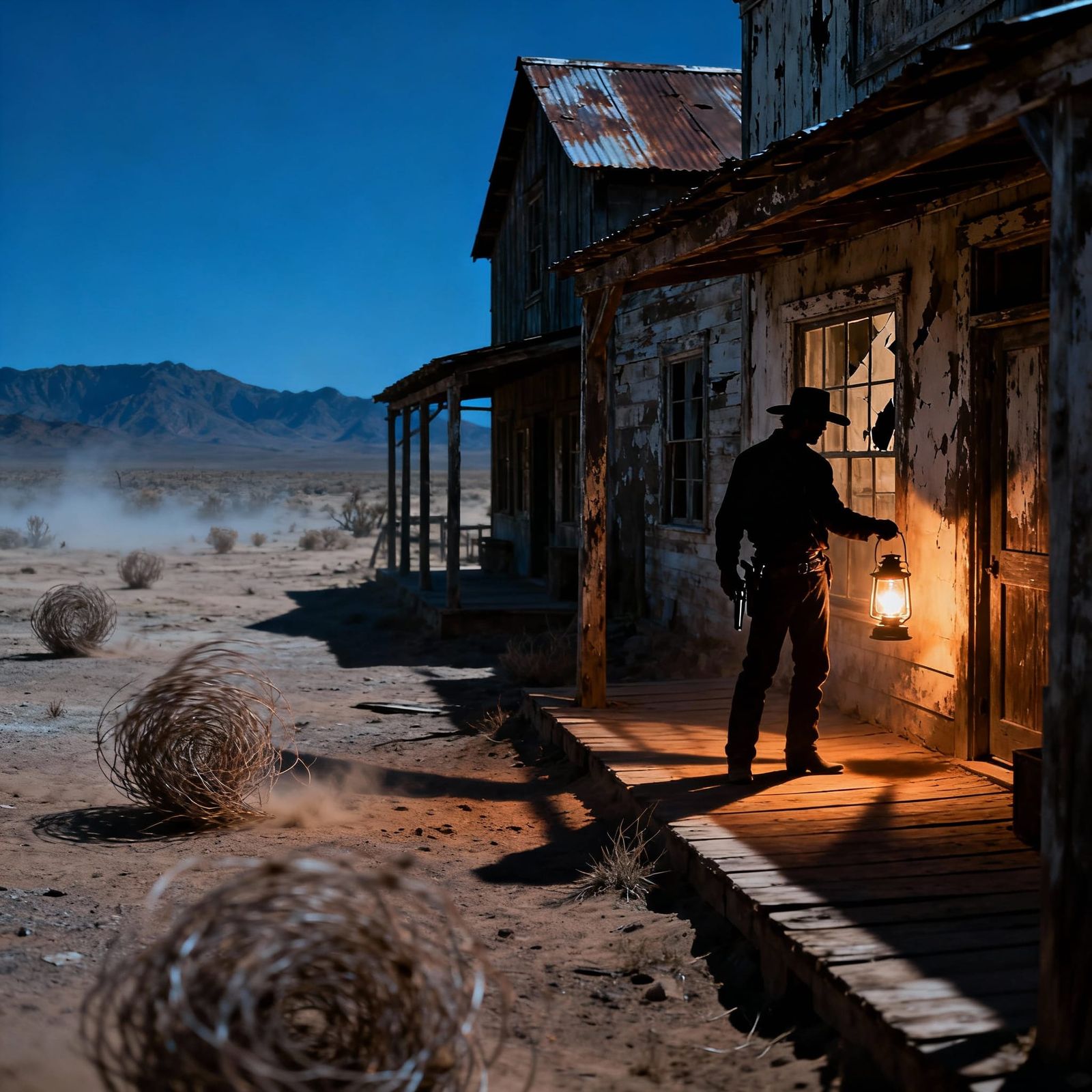 Gunslinger Guards Ghost Town Saloon at Night