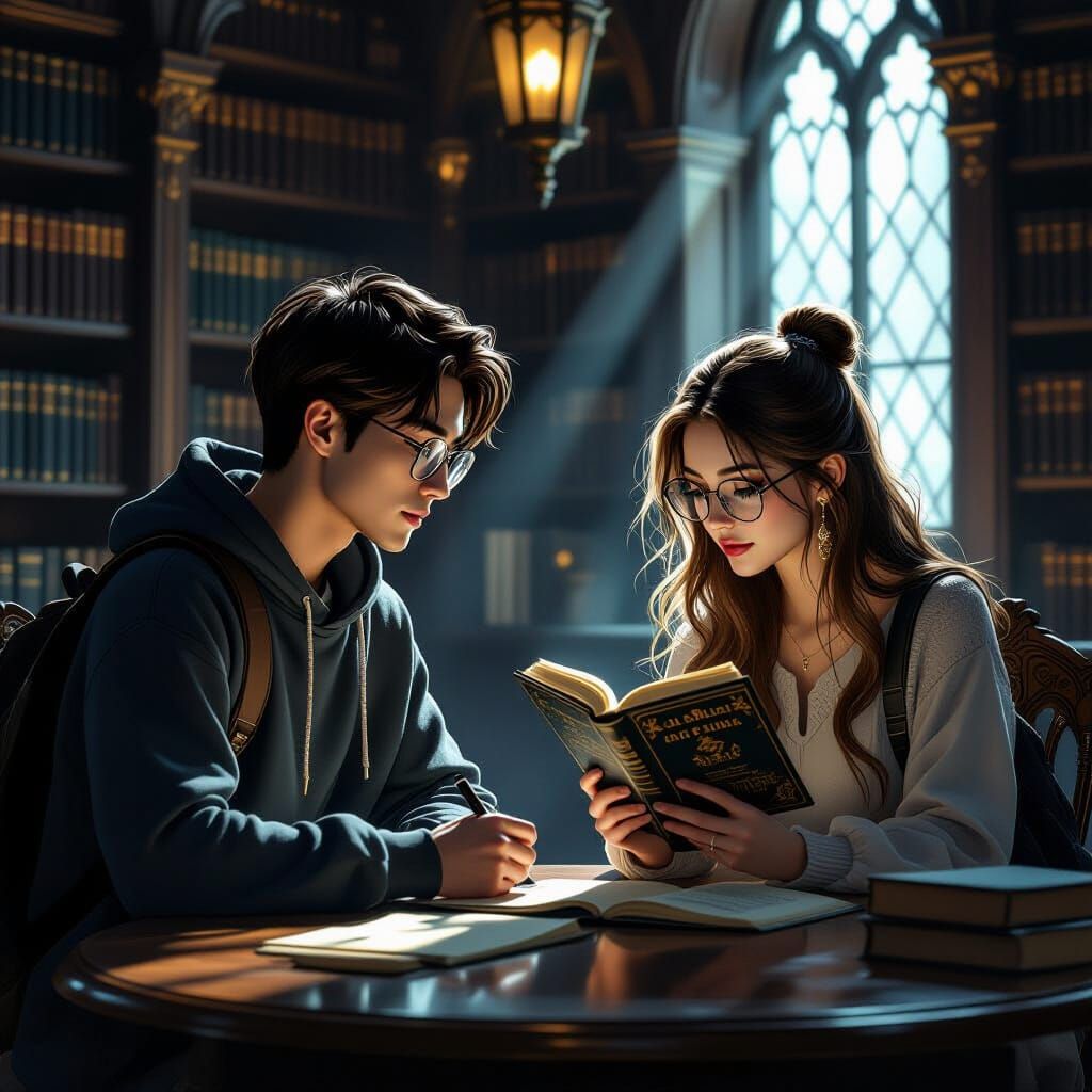 Shy Man Admires Woman in Gothic Library