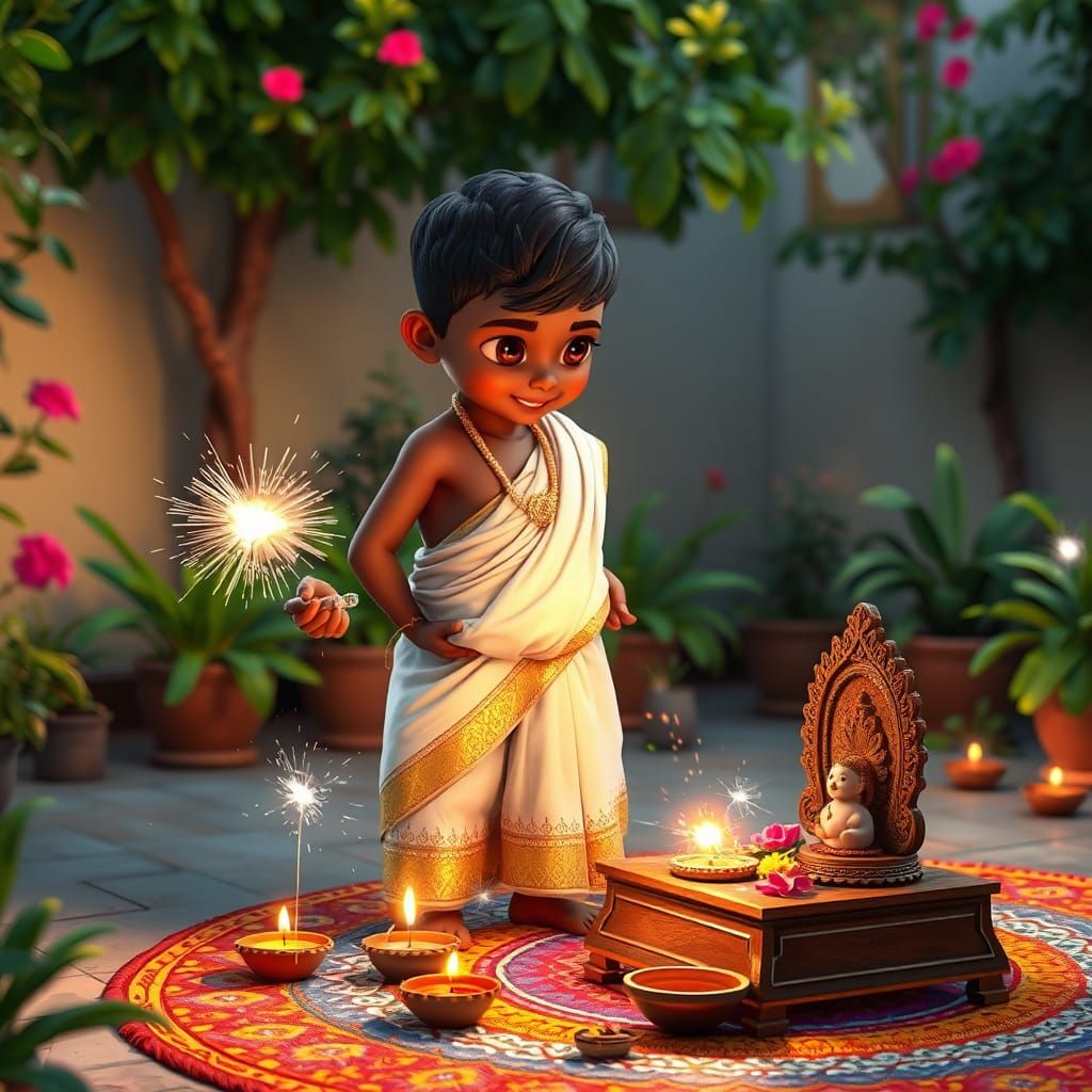 Indian Boy Preparing for Puja with Fireworks