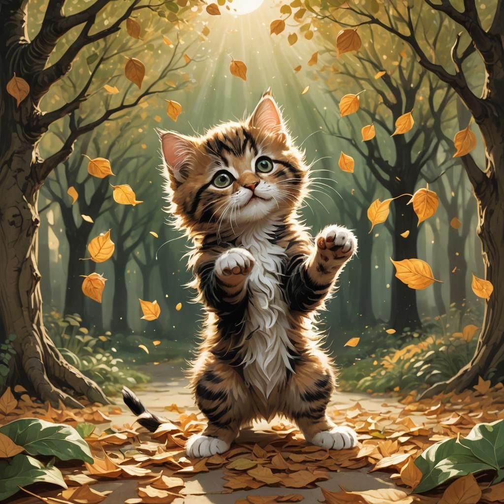 Kitten and Autumn Leaves in Gothic Whimsical Style