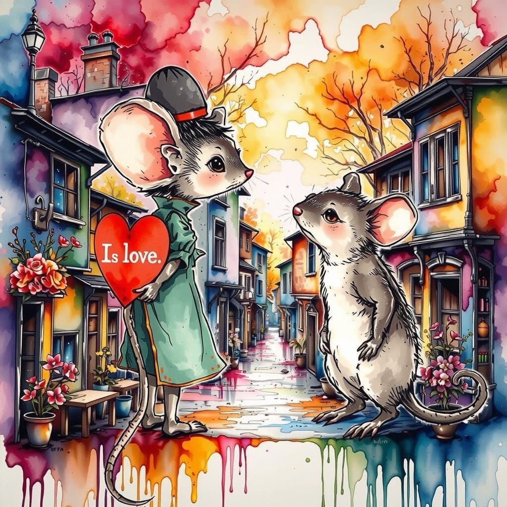 Shy Mouse Girl with Heart Card, Watercolor Style