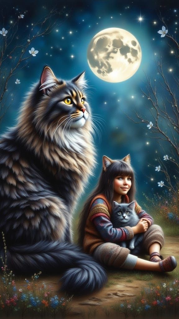 Ethereal Cat Portrait with Boy in Waterhouse Style