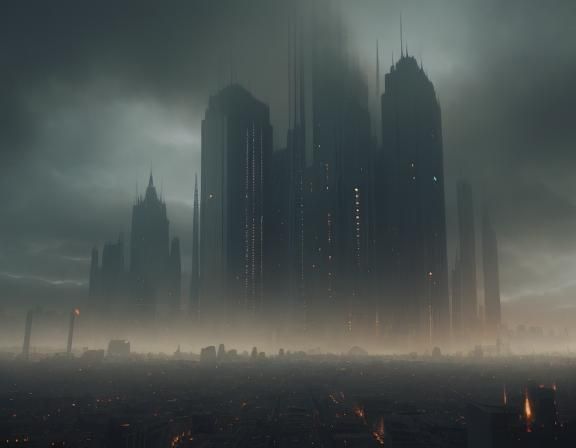 Dystopian Cityscape Ablaze: A Cinematic Charcoal Rendering