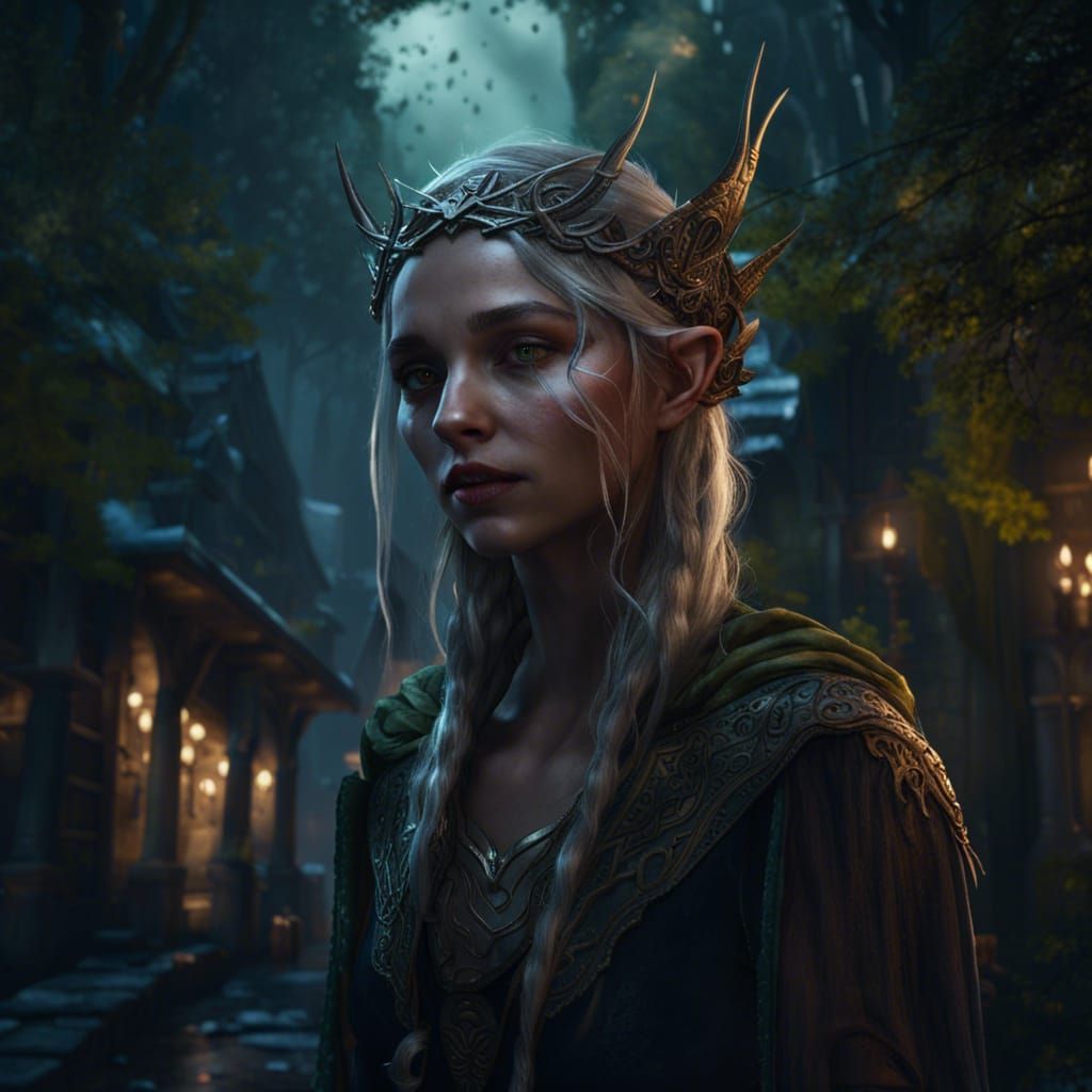 Elven Woman in Forest City: Dark Fantasy Art