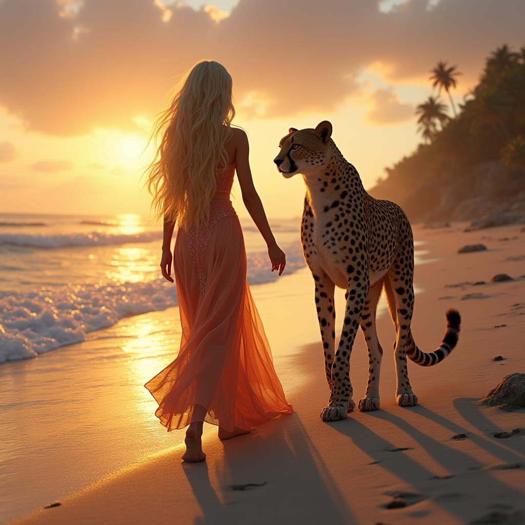 Maiden Walks with Cheetah on Sunset Beach in Fantasy Style