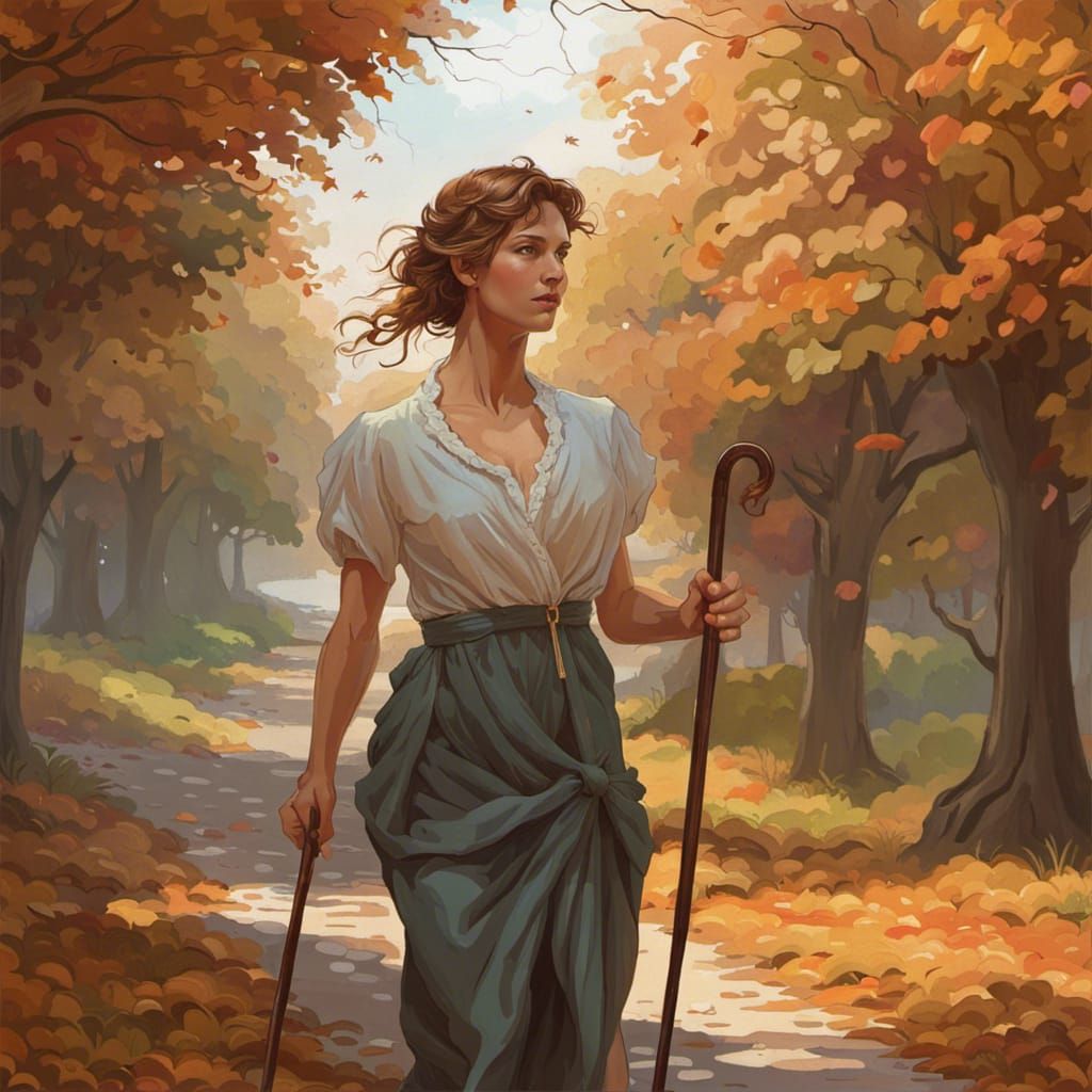 Autumn Portrait of Woman with Cane in Country Lane