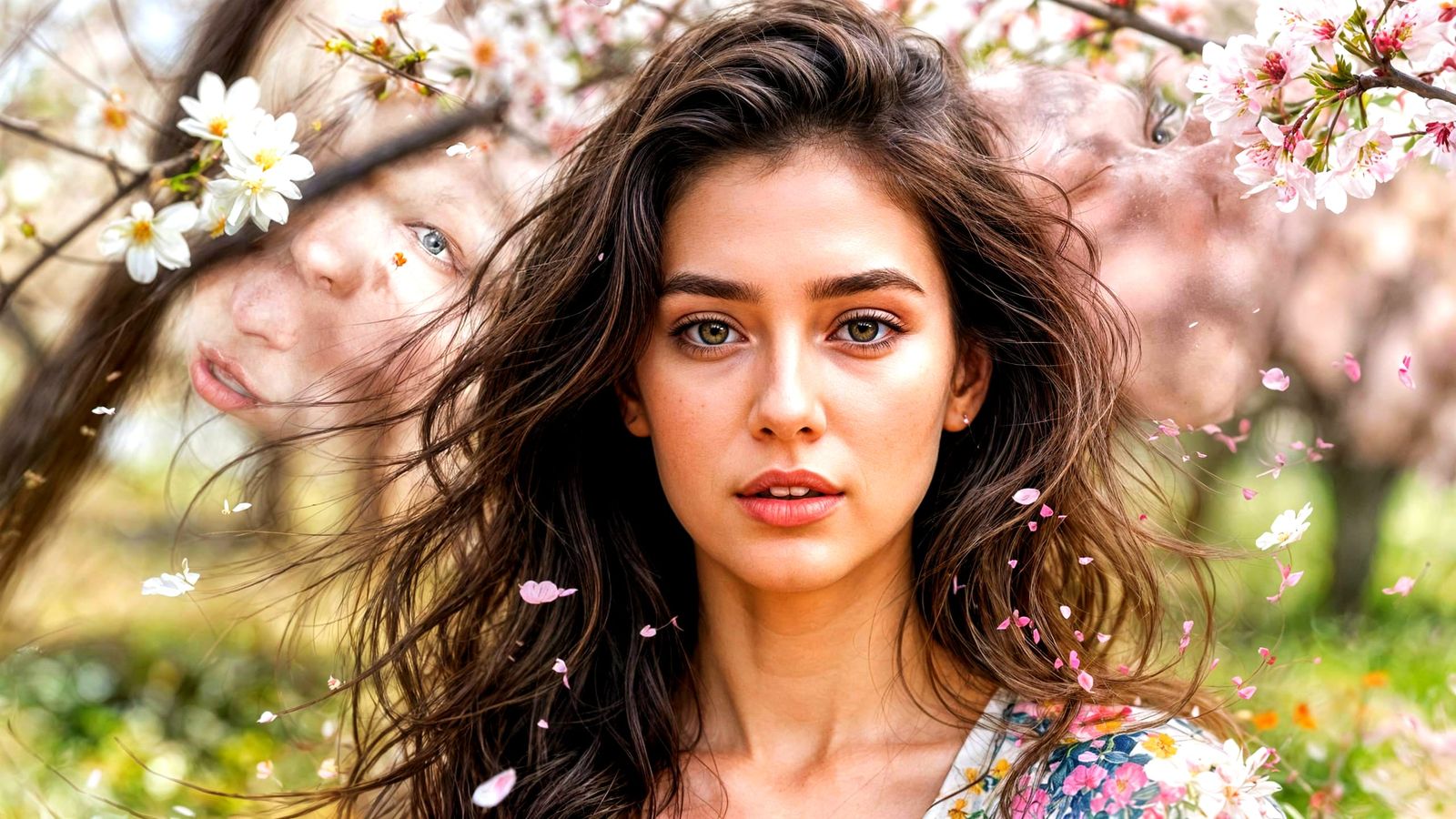 Hyperrealistic Woman Portrait with Spring Landscape