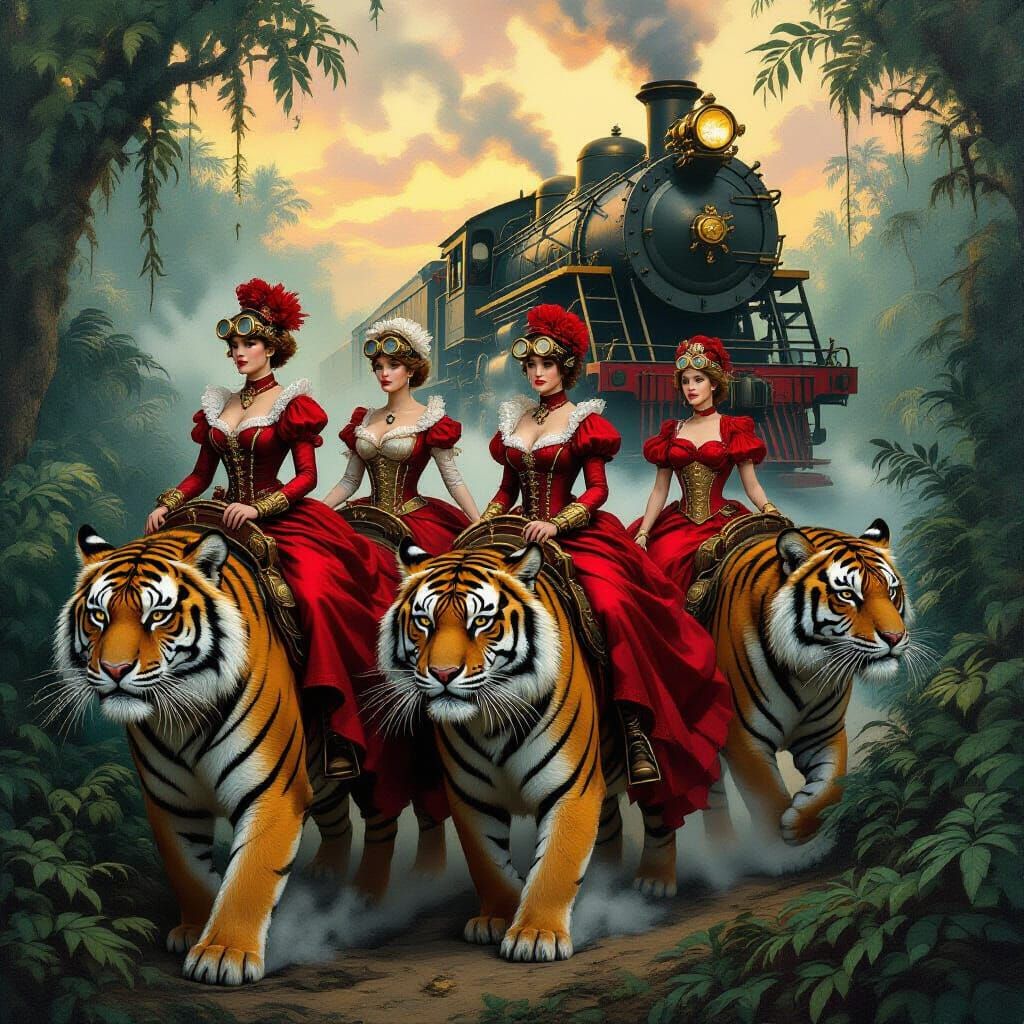 Victorian Women Riding Tigers in Steampunk Jungle