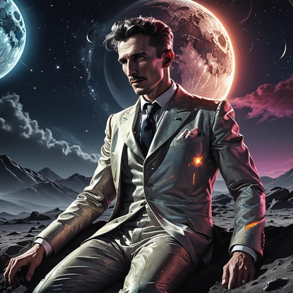 Tesla Awakens on Moon in Vibrant Digital Art