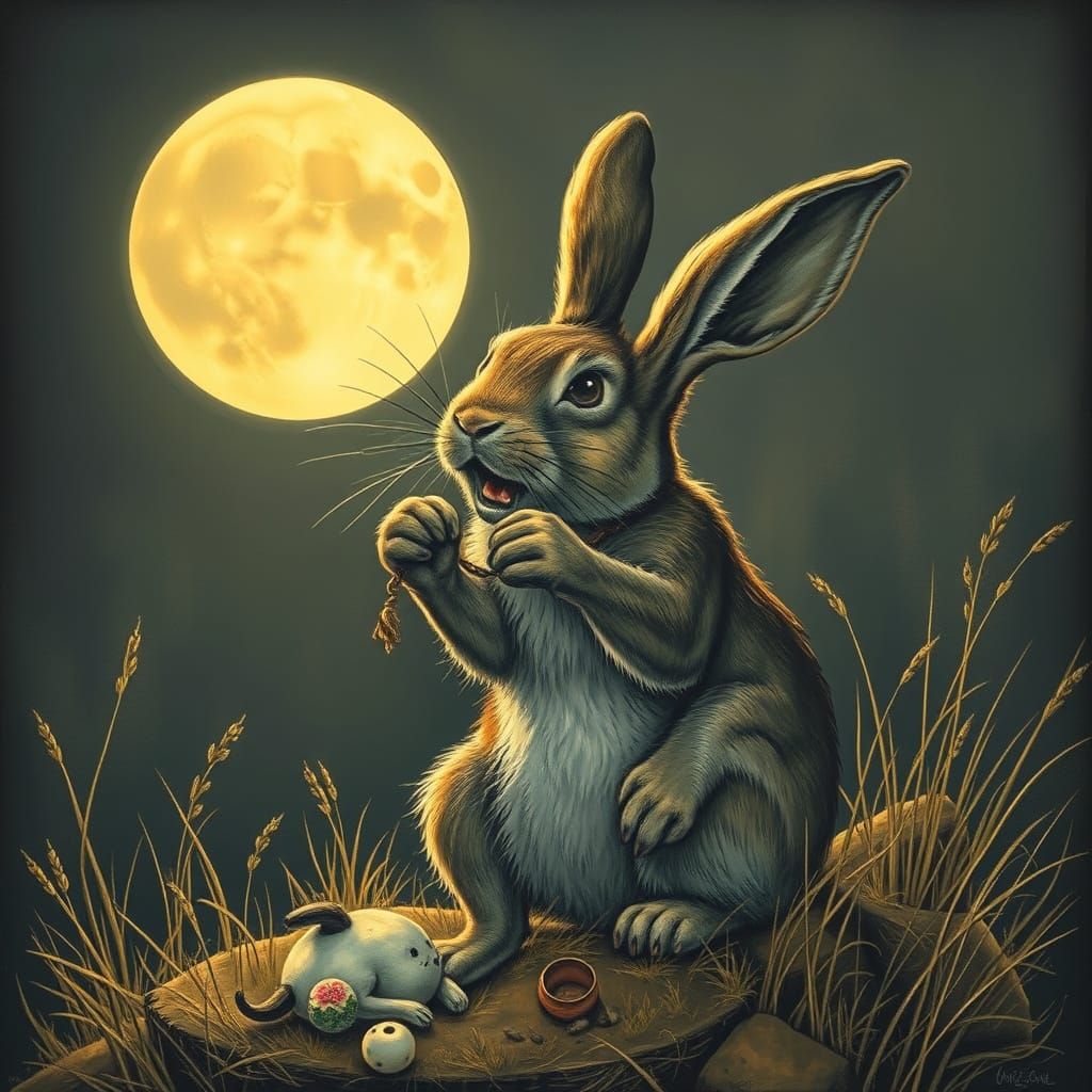 Rabbit Crying in Moonlight: Woodcut Print