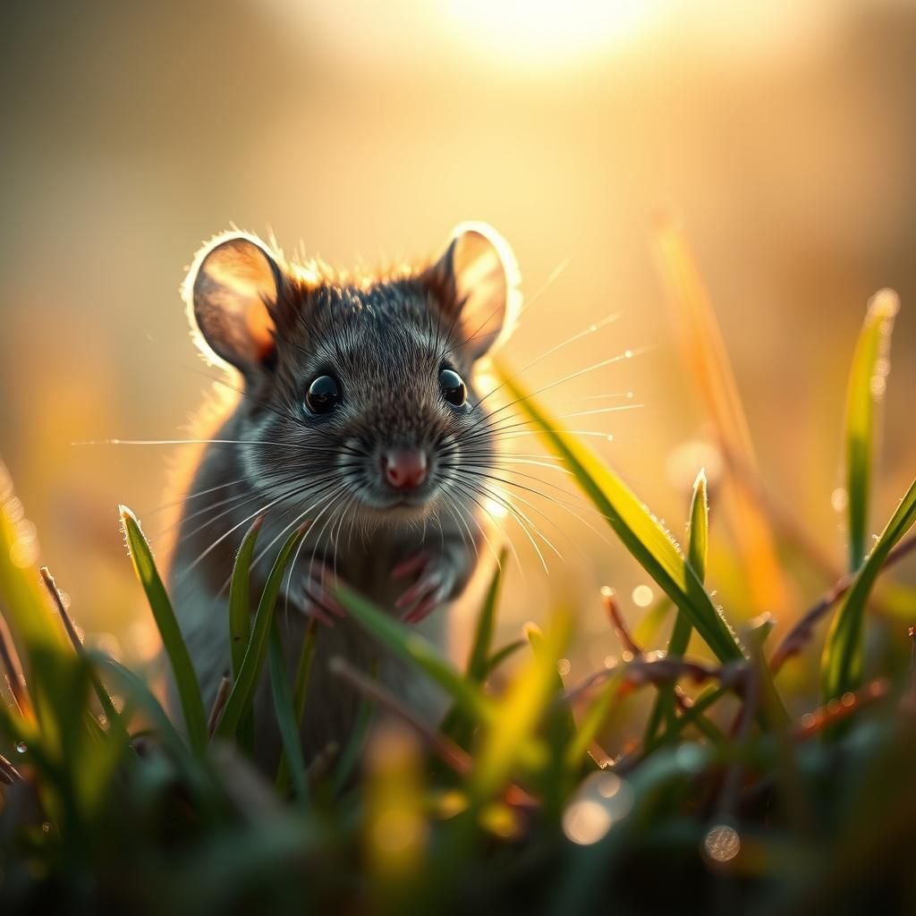 Mouse in Dew-Kissed Grass: Micro Photography