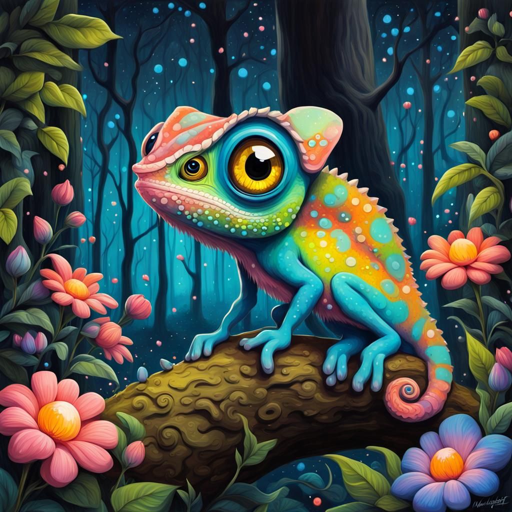Chibified Chameleon in Enchanted Glowing Forest