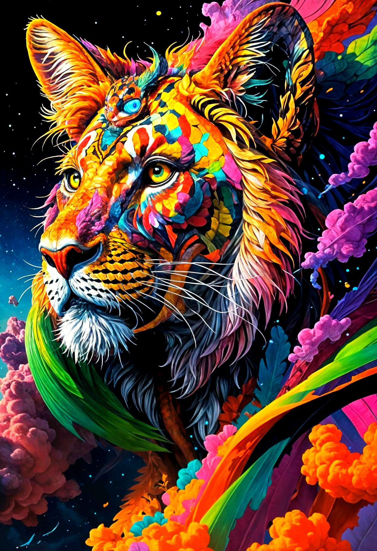 Neon Alebrije Lion Soaring Through Skies