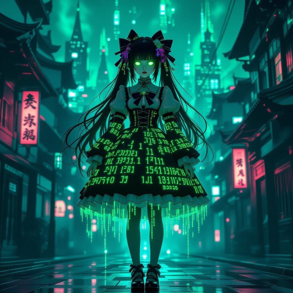 Gothic Lolita Girl Made of Green Code in Digital Cityscape