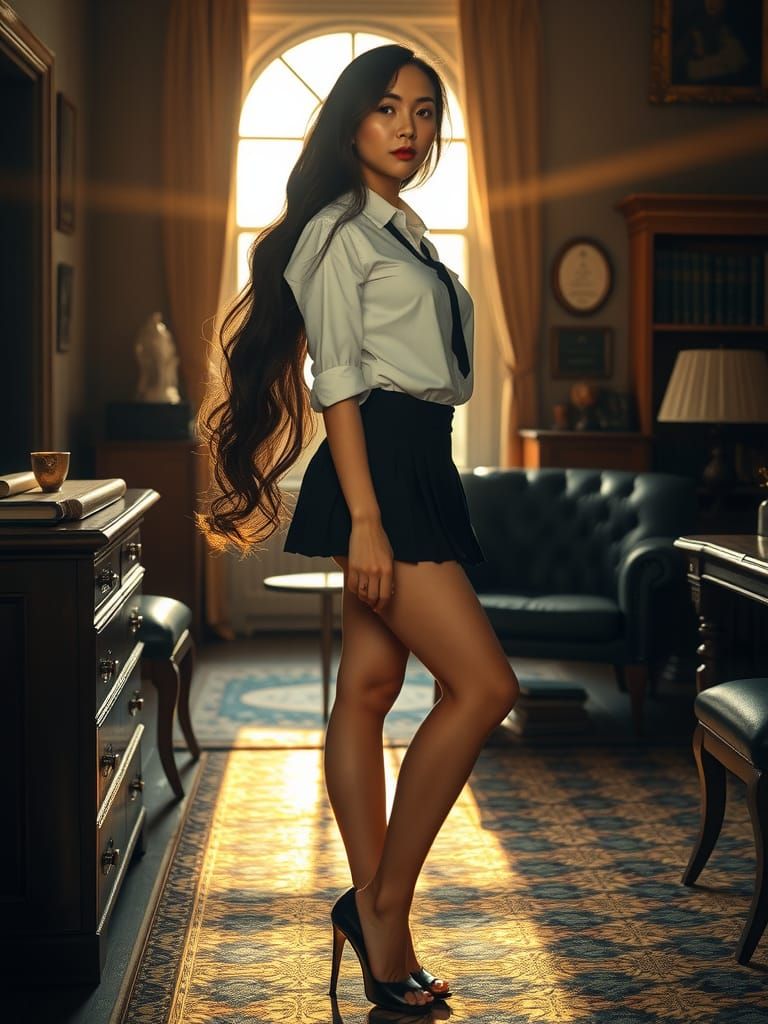 Elegant Woman in College Uniform, Hyper-Realistic Style
