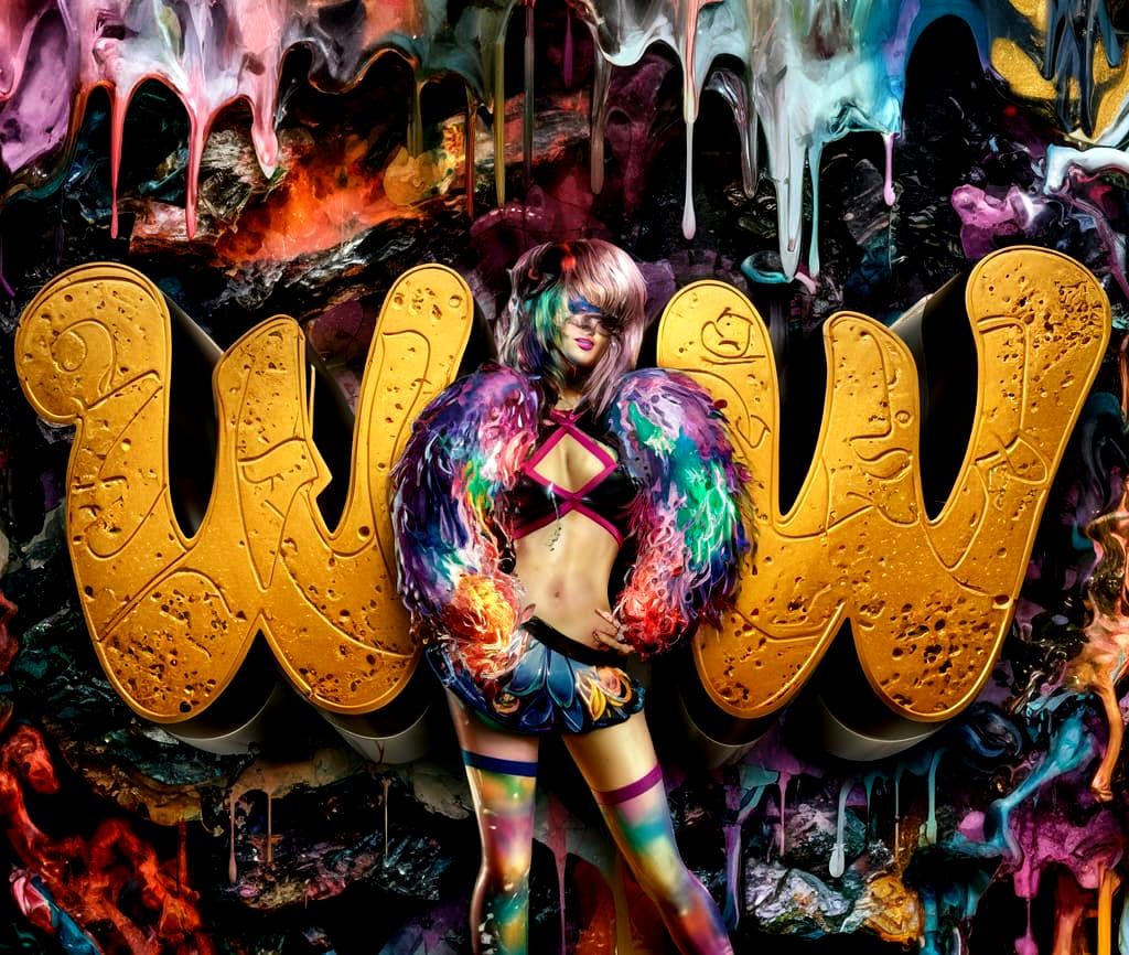 Graffiti Art: "WOW" in Golden Font with Vibrant Girl