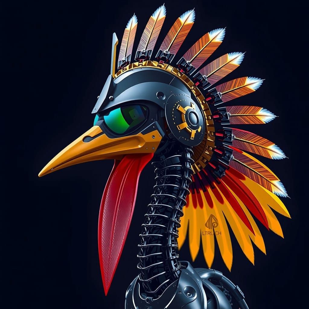 Futuristic Cassowary in Metallic Helmet, Vector Style