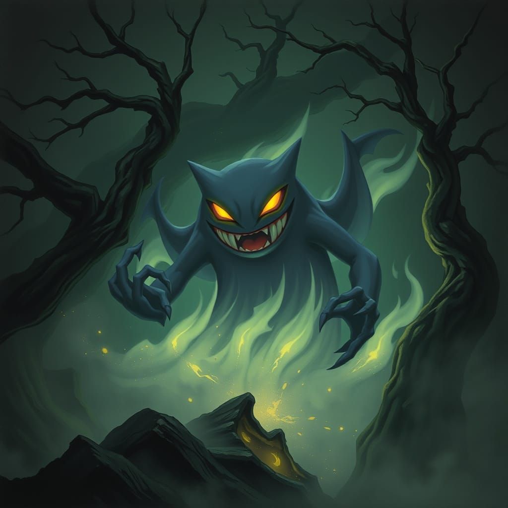 Ghostly Gengar Emerges from Dark Mist in Cyberpunk Aesthetic