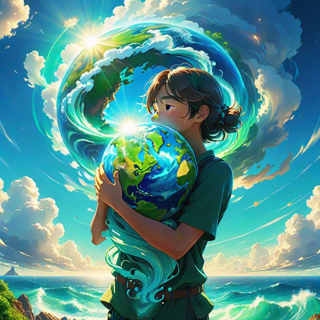 Person Hugging Earth in Miyazaki Style