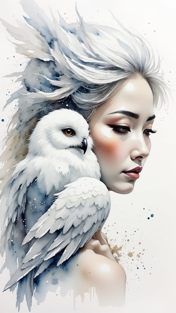 Goddess with Owl in Charcoal and Watercolor Style
