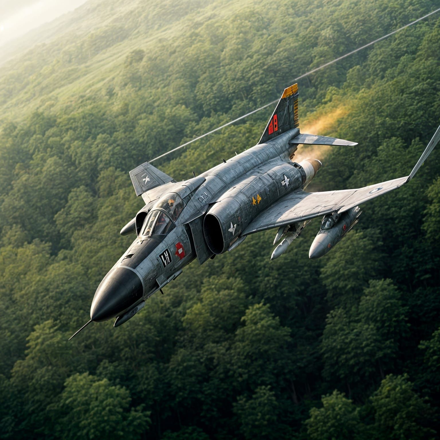 F-4 Phantom Soars Over Lush Canopy in Futuristic Realism