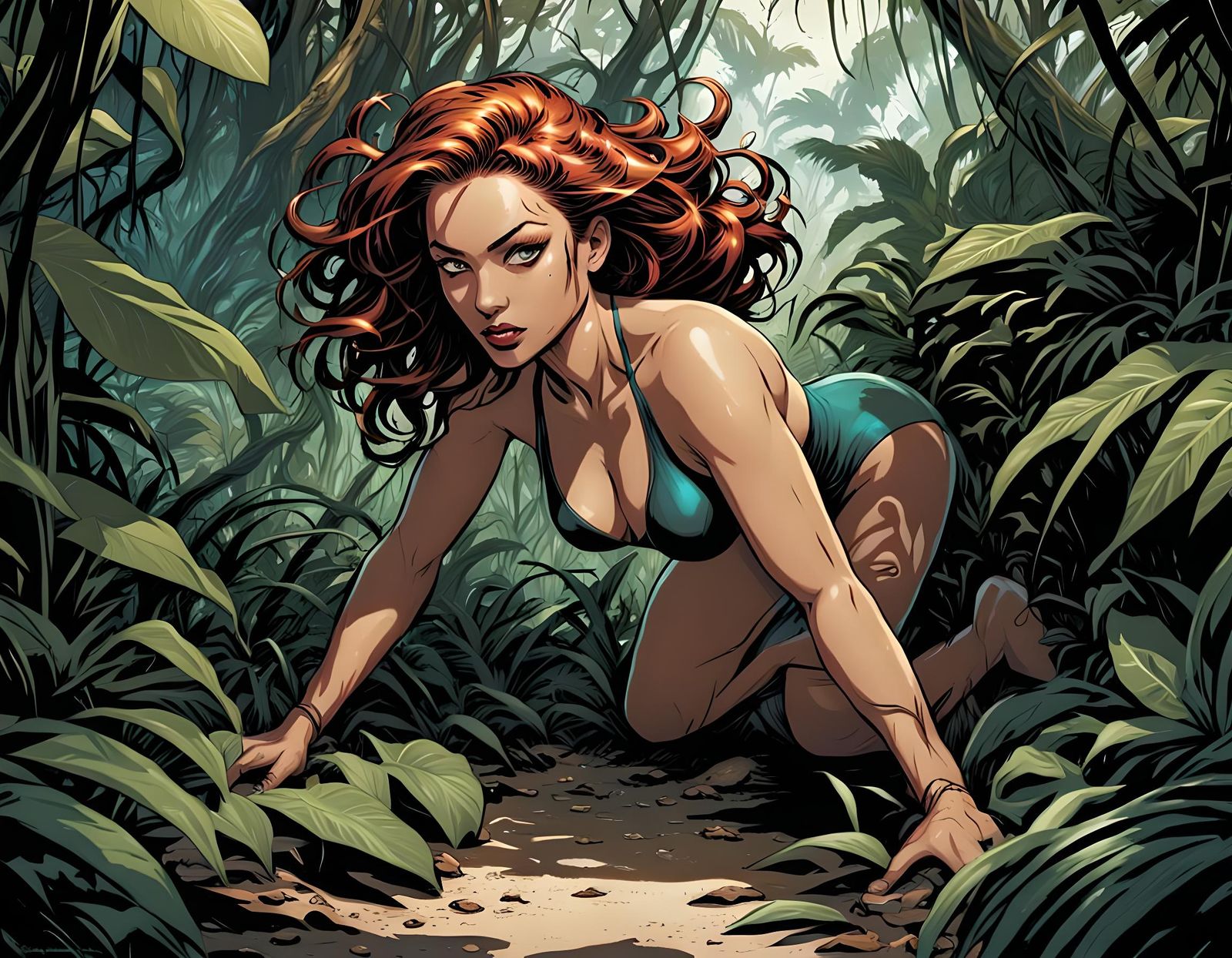 Beautiful young lady in swimsuit crawling under bushes in the jungle