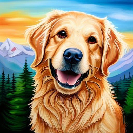 Golden Retriever Smile in Forest: Detailed Oil Painting