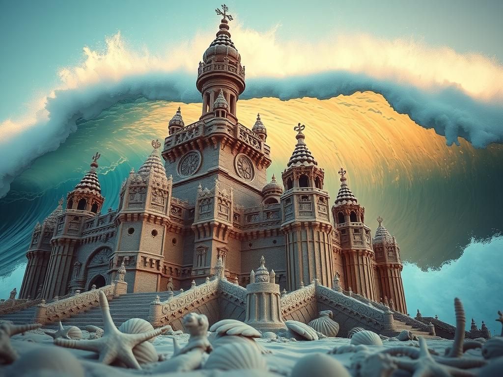 Ornate Sandcastle Meets Giant Wave: Photorealistic Image
