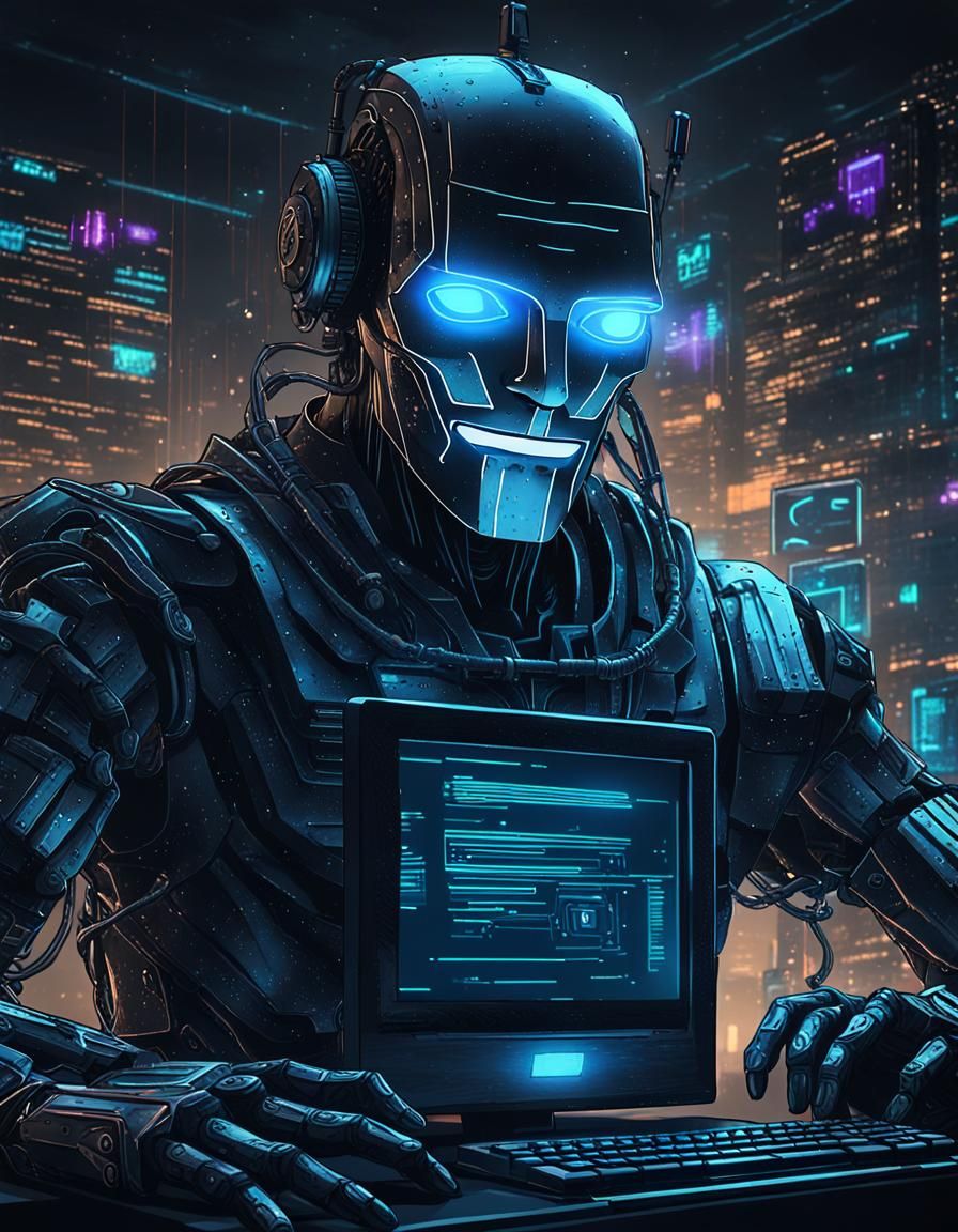 Robot Hacker in Cyberpunk Style: Global Network Breach