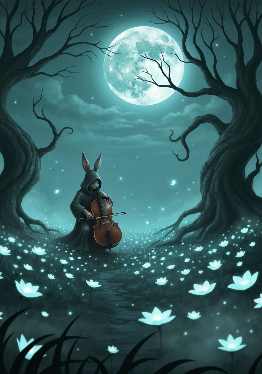 Gothic Fantasy Rabbit Figure Plays Cello Under Full Moon