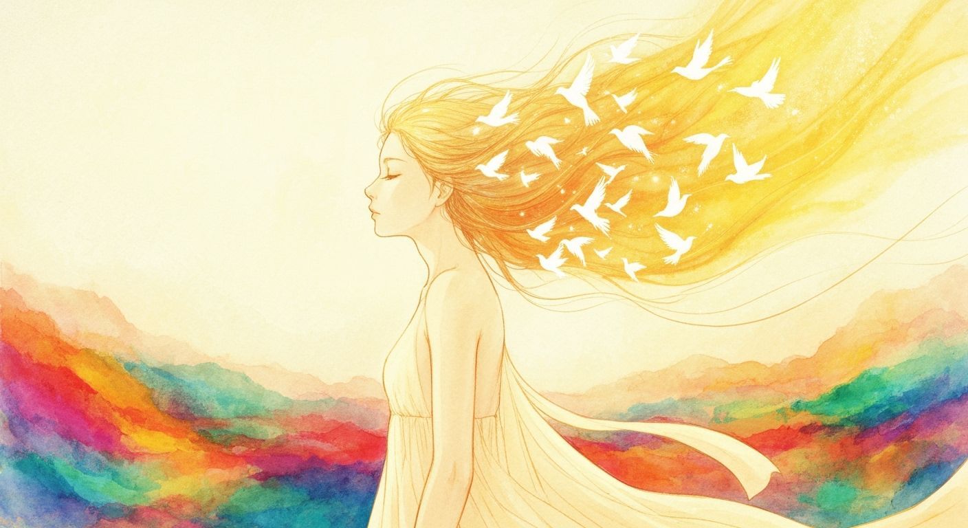 Ethereal Woman with Glowing Birds in Golden Light