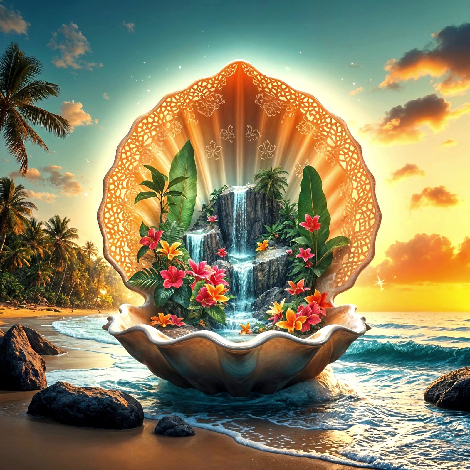 Hyperrealistic Tropical Oasis in a Giant Shell