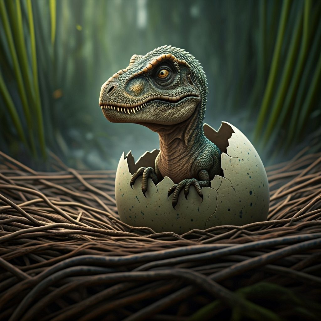 Infant R-Rex Emerges in Misty Swamp Nest