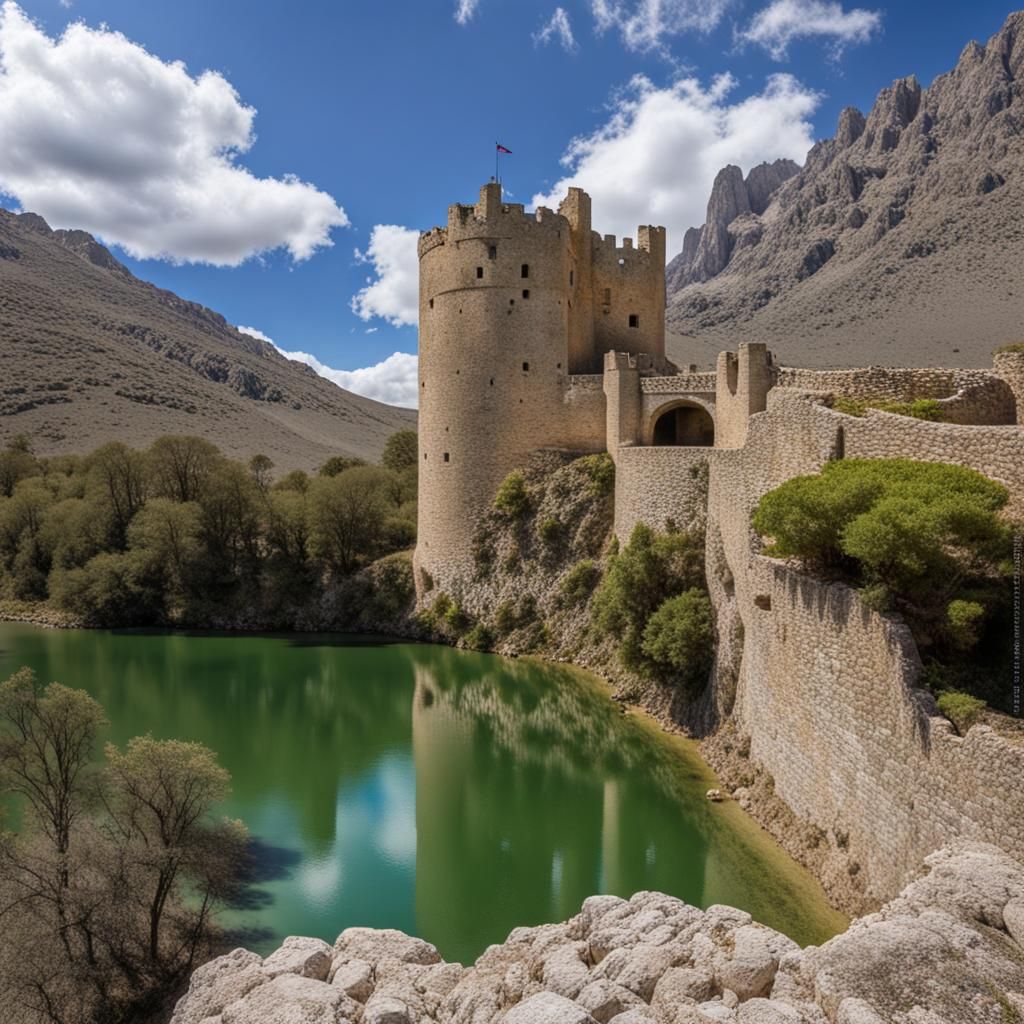 Snowy Mountains and Ancient Stone Castle View