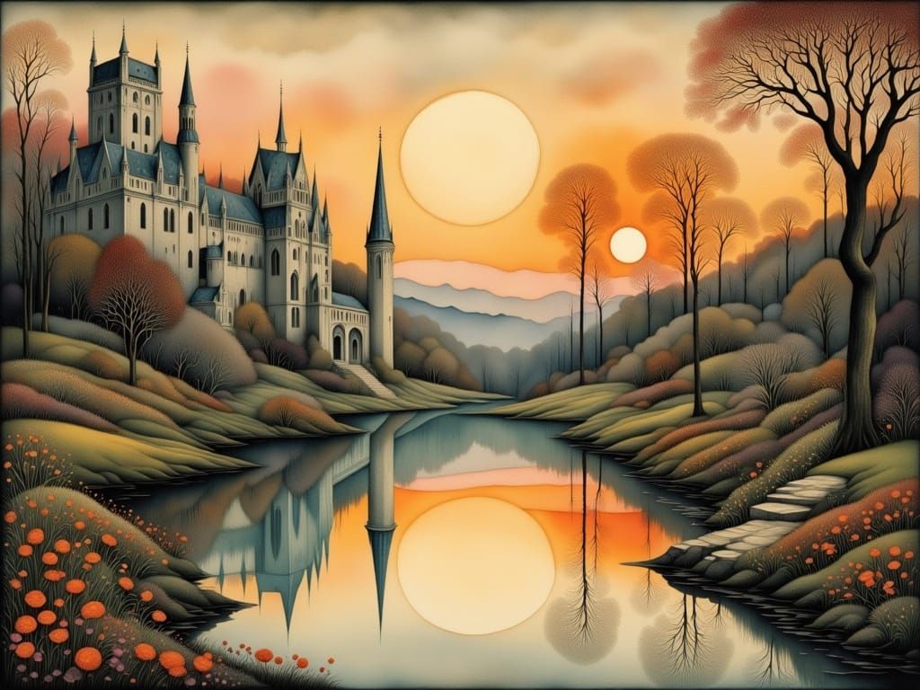 Romantic Ruins Reflected in Serene Sunset Waters