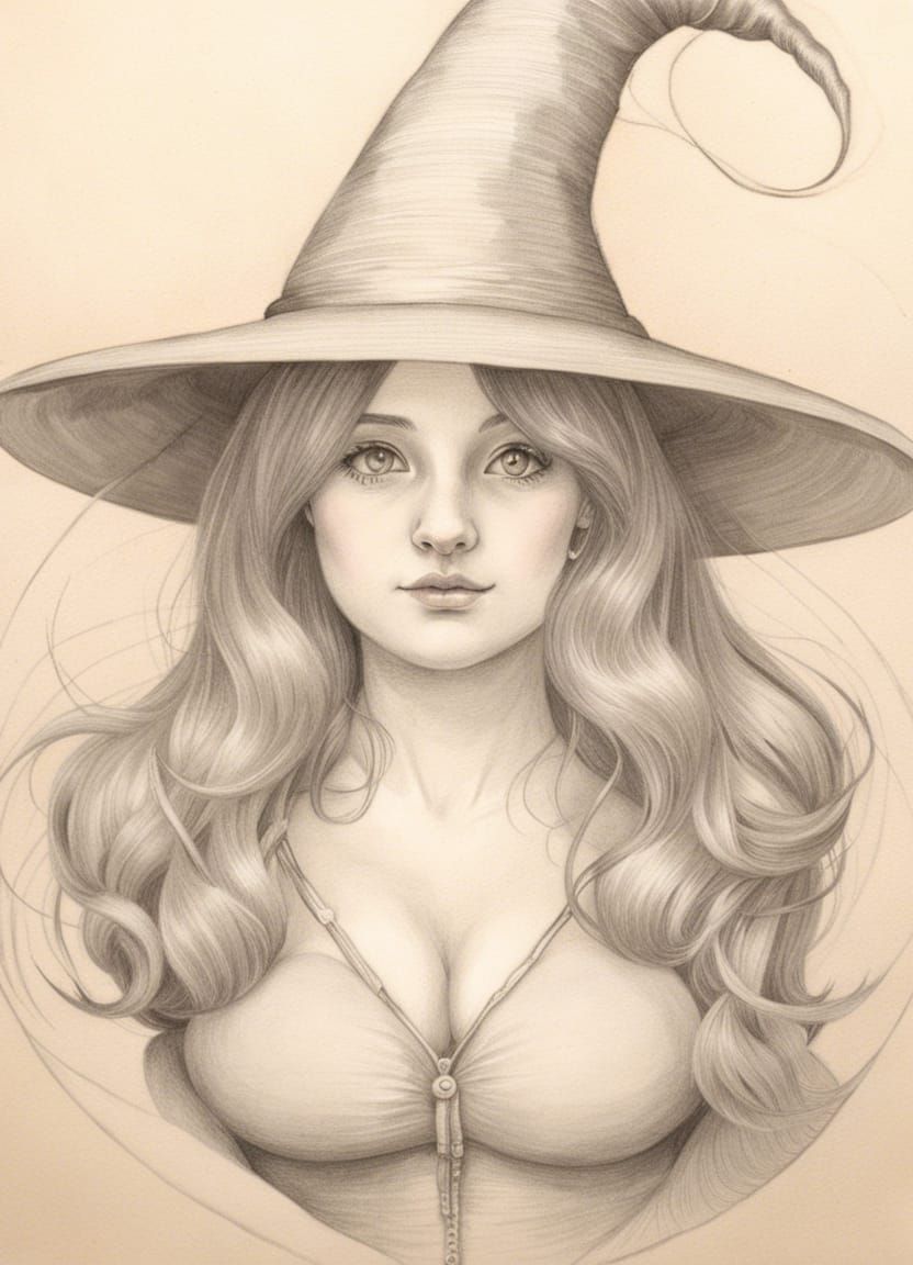 Cute Curvy Witch in Silverpoint Style