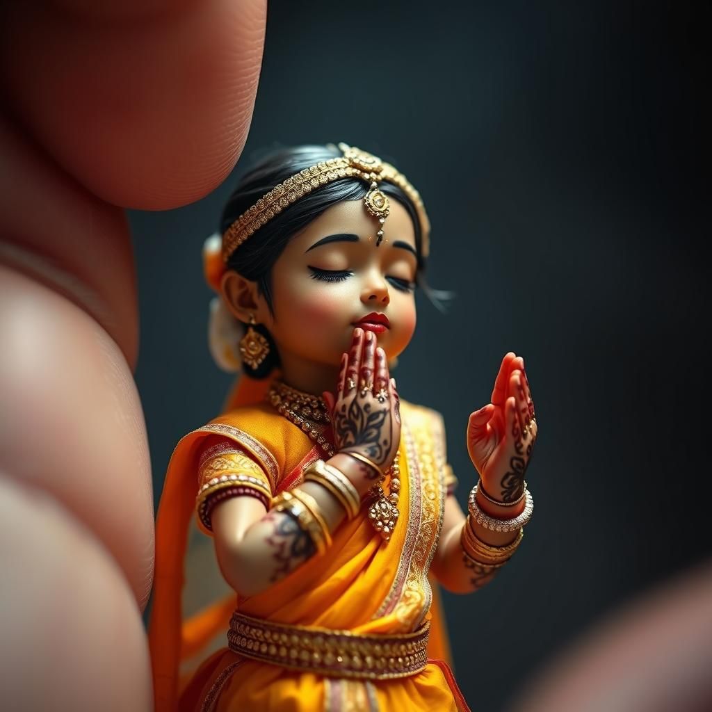 Hyperrealistic Indian girl standing on a giant hand