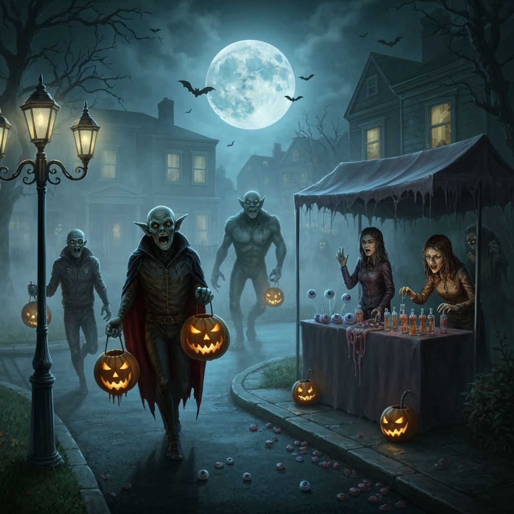 Halloween Night Monsters Trick-or-Treating in Foggy Suburbia