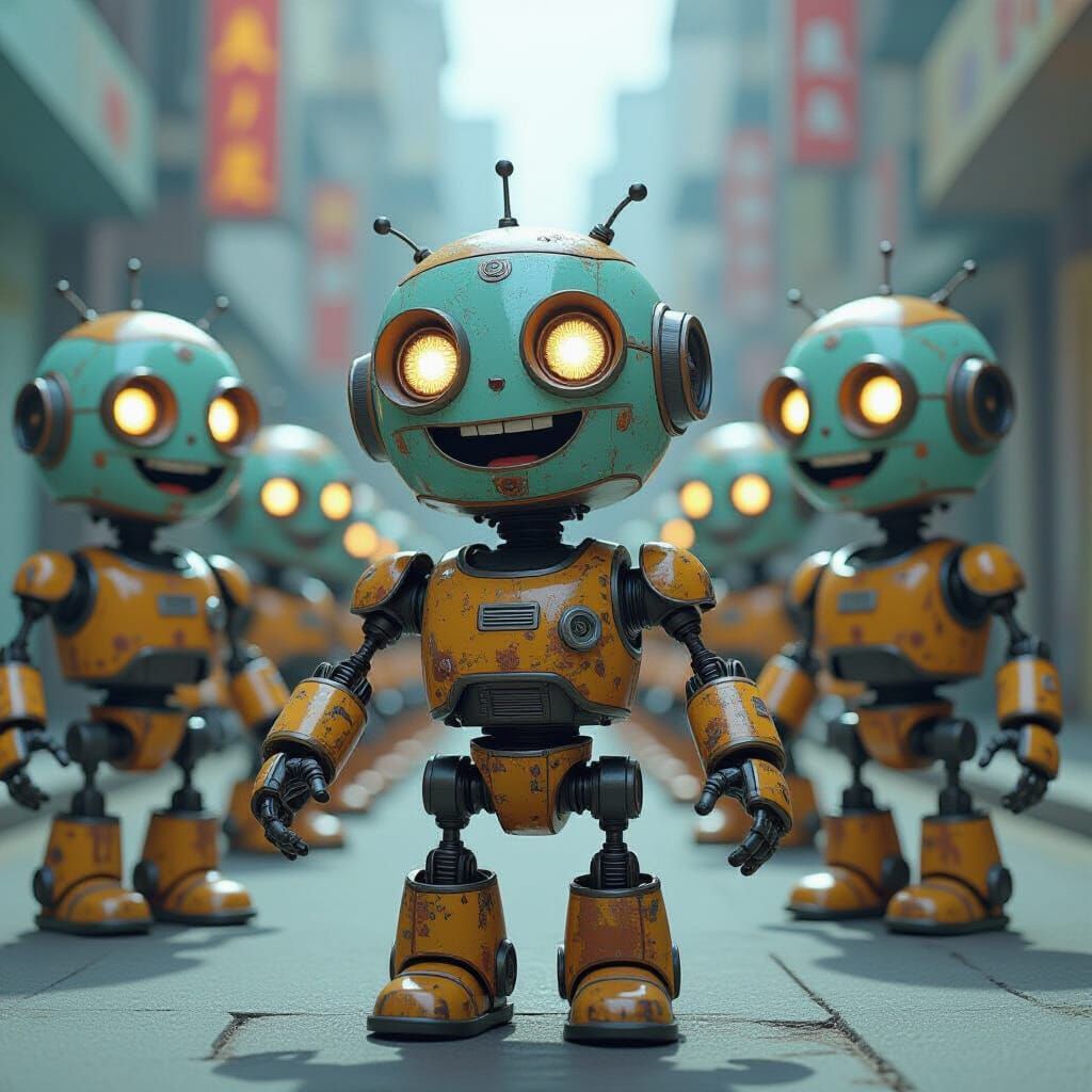 Joyful Robots in Collage Art Style