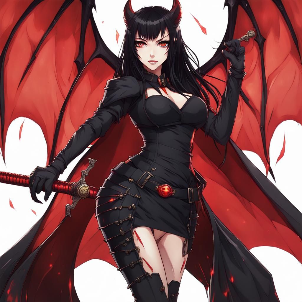 Anime Demon Queen with Katana and Fiery Eyes