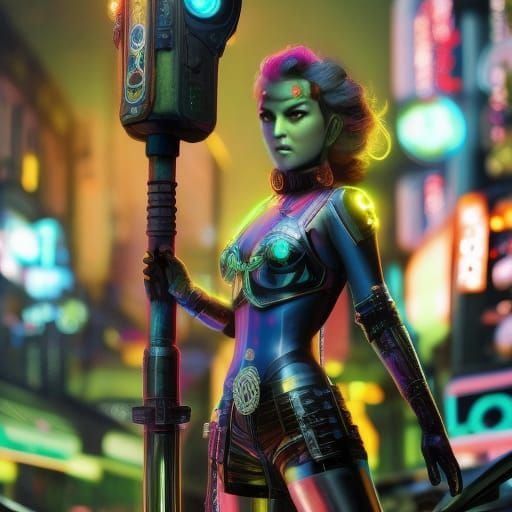 Cyberpunk Cityscape with Neon Lights and Clockwork Gears