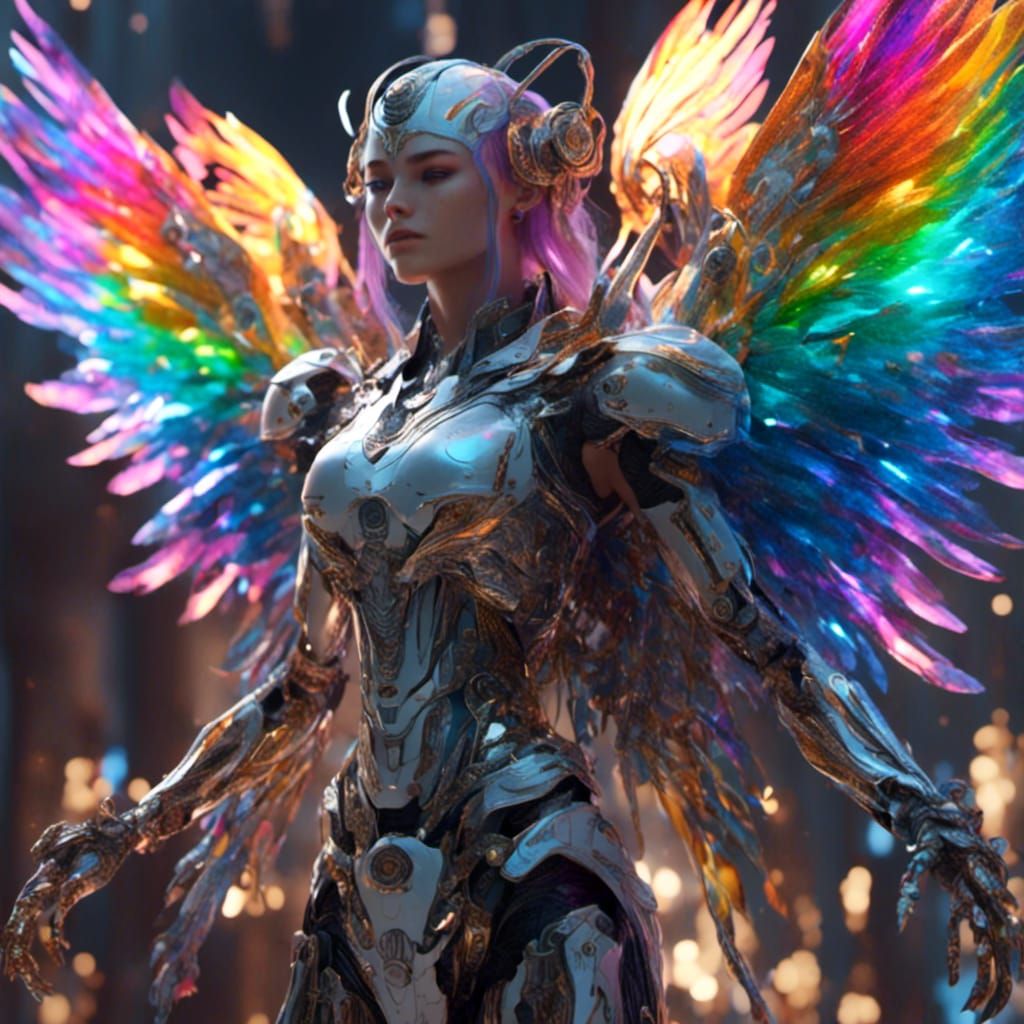 Robotic Archangel with Rainbow Wings in Hyperreal Style