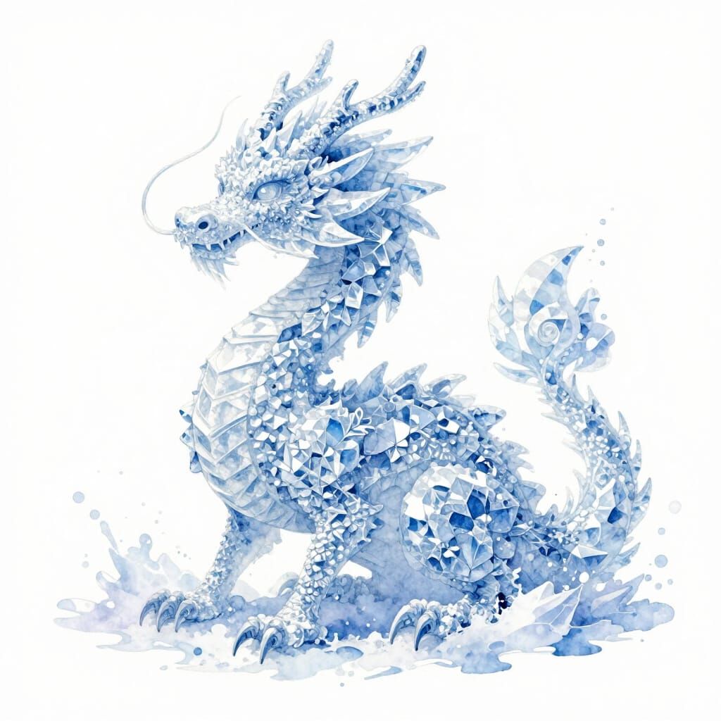Dragon Made of Crystalline Snowflakes in Pastel Watercolor S...
