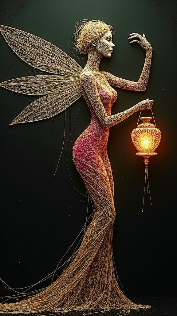 String Art Fairy with Ruby Lantern