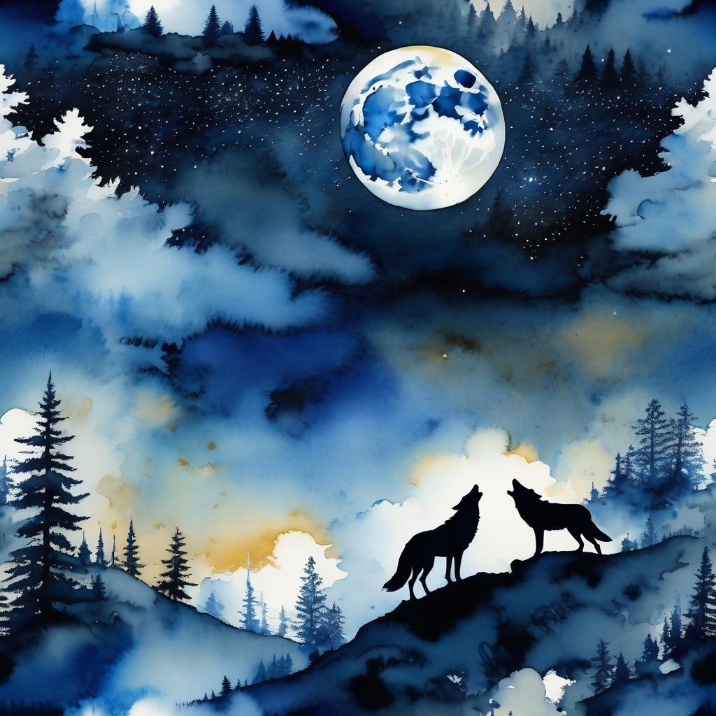 Watercolor Wolves Silhouetted Against Moonlight Galaxy