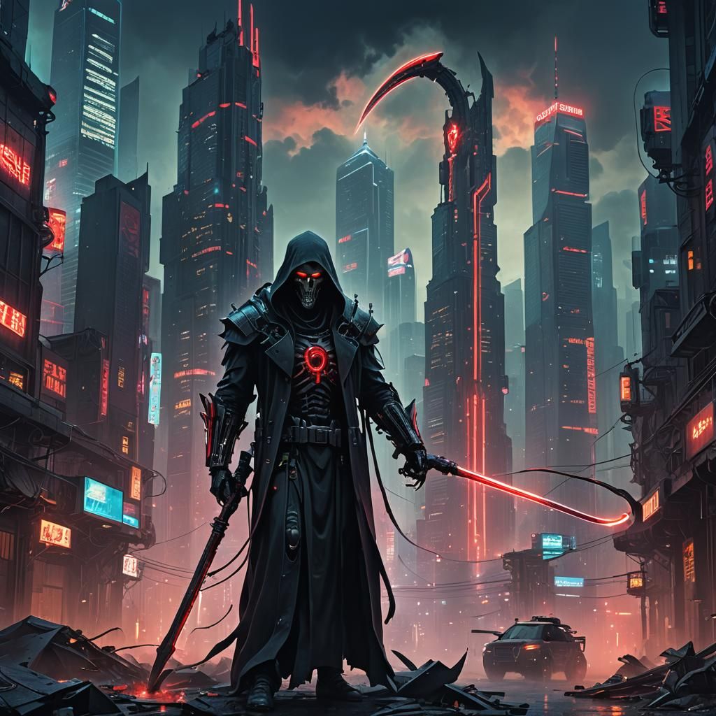 Cyberpunk Grim Reaper Guiding Souls in Neon City