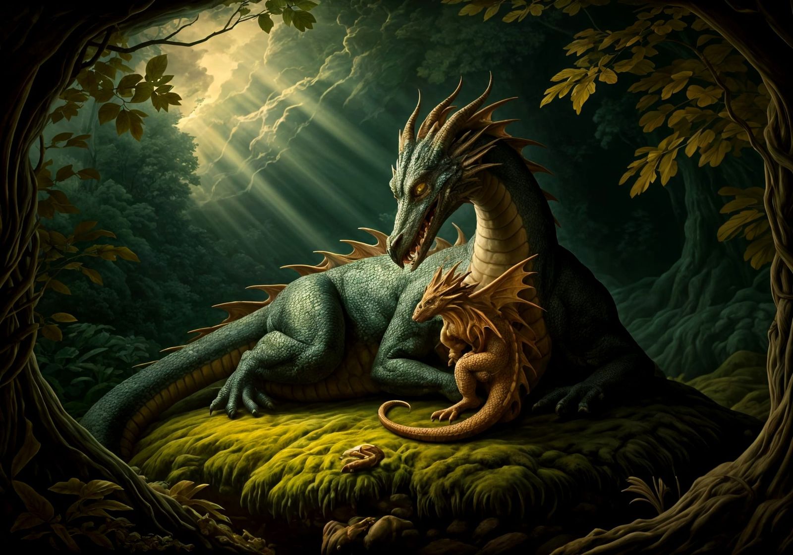 Baroque Dragon Mother and Son in Dramatic Forest