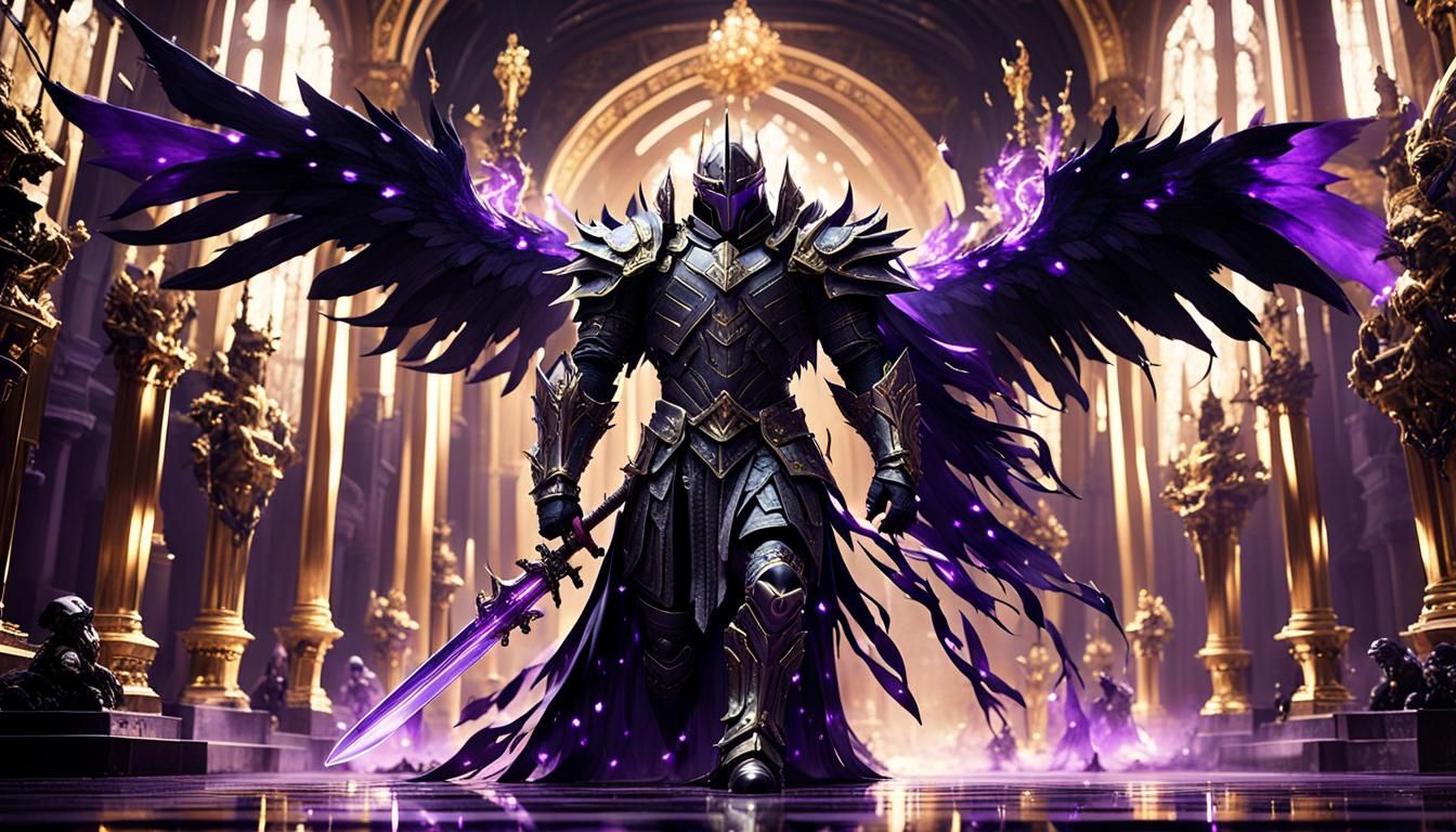 Winged Knight in Opulent Hallway: Cinematic Film Still