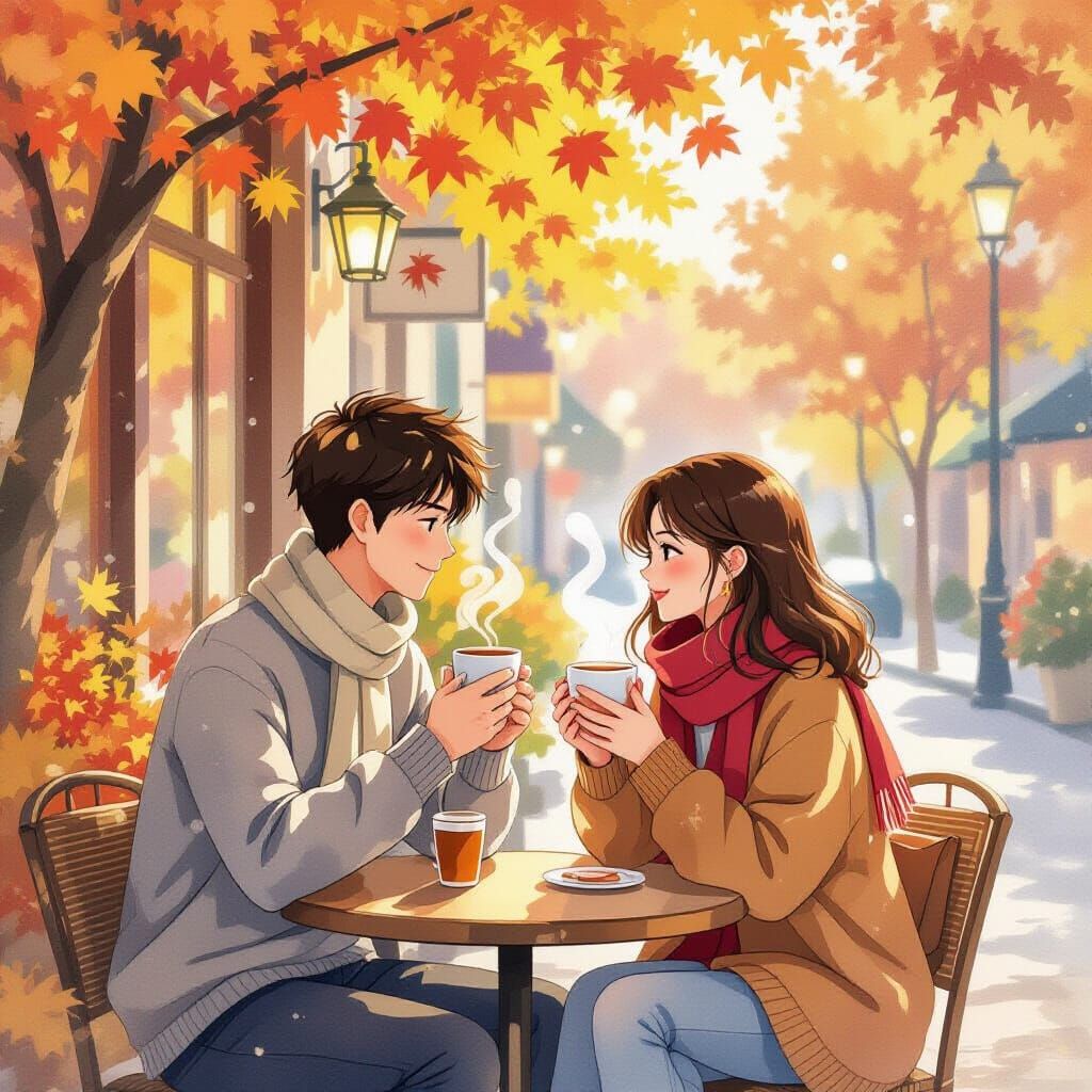 Autumn Cafe Scene in Watercolor Illustration Style